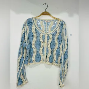 Elegant Blue and Cream Crochet Blouse thumbnail 4