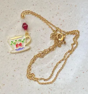 Handmade strawberry teacup cottage fairy cute necklace🍓🫖 thumbnail 4