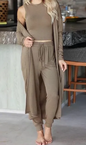 3pc Lounge wear Set Crop Top Joggers Pants Open Cardigan Taupe Neutral NOT SKIMS thumbnail 1