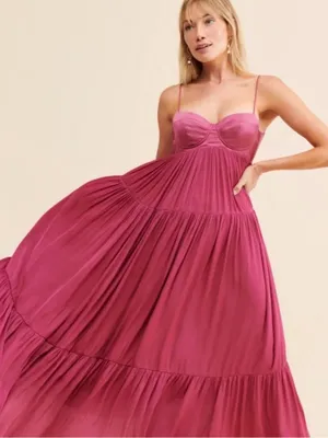Free People Freya Berry Pink Satin Corset Tiered Maxi Dress M Coquette Fairycore thumbnail 1