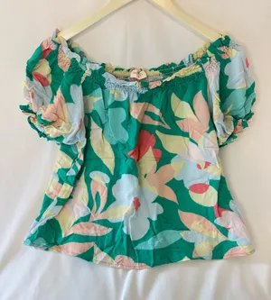 Floral Off-Shoulder Blouse in Teal and Pastel Mix thumbnail 1