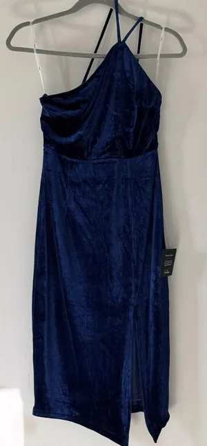 LULUS Happiest Hour Dark Blue Velvet Asymmetrical Bodycon Midi Dress -Sz S- NWT thumbnail 1