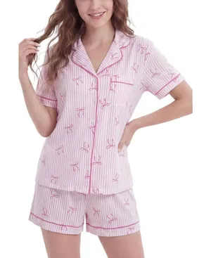 NIB- Pink Stripe Bow Print Pajama Set Short Sleeve Button Up Shorts- Large thumbnail 1