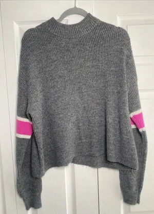 John + Jenn Mock Neck Striped Sweater Womens XL Gray Pink Knit Crop Preppy thumbnail 1