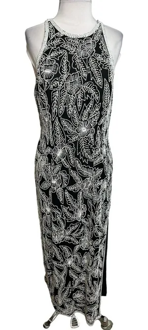 Vintage Stenay silk beaded sequin gown‎ maxi with slit black white Sz 8 thumbnail 1
