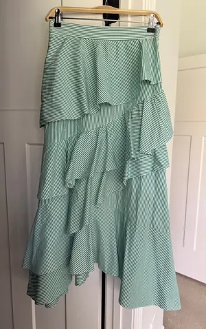 Pearl by Lela Rose Green Ruffle Stripe Asymmetrical Midi Skirt cotton poplin thumbnail 1