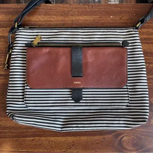 FOSSIL Black White Striped Leather Textile Crossbody Purse thumbnail 2
