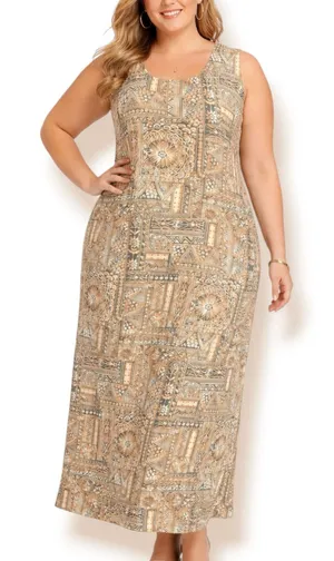 Vintage Black Brown Earth Tone Geometric Sleeveless Tie Back Midi Dress‎ XL Boho thumbnail 1