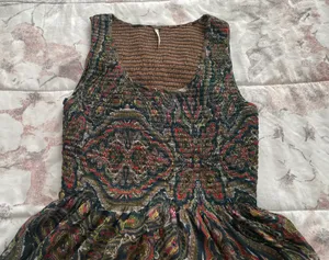 Free People Brown Floral Smocked Fit & Flare Lined Blouse, size XS thumbnail 9