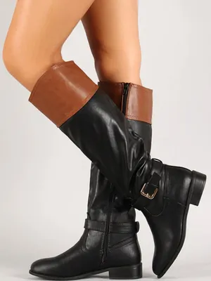Bandolino Two-Tone Leather Riding Boots Black Brown Gold Buckle Size 6 thumbnail 1
