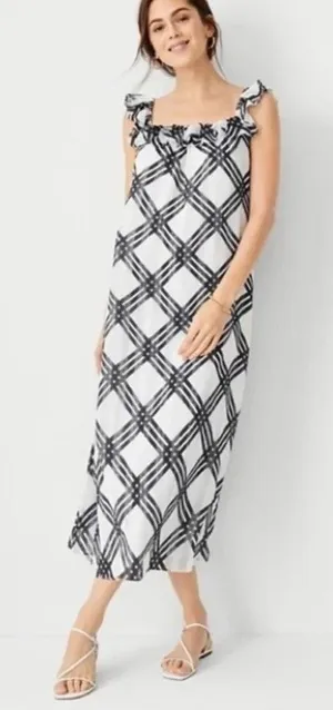 Ann Taylor Navy Blue White Plaid‎ Ruffle Neck Chiffon Midi Dress 6 561128 thumbnail 1
