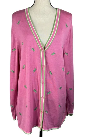 Quacker Factory 2X-Large Cardigan Sweater Button-Up Grasshopper Embroidered Pink thumbnail 1