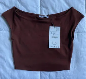 Zara Off the Shoulder Boatneck Brown Crop Tank Top NWT Small thumbnail 1