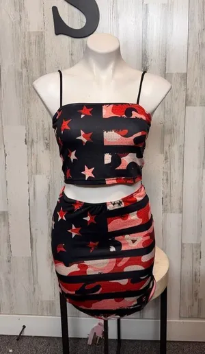 American Flag Camo 2-Piece Crop Top & Mini Skirt Set Women’s Size Small thumbnail 1