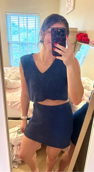 Day + Moon Navy Knit Two-Piece Boutique Crop Top & Mini Skirt Set thumbnail 1