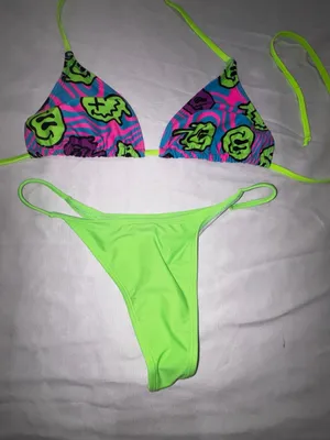 Neon Green and Psychedelic Smiley Print Thong Bikini Set thumbnail 1