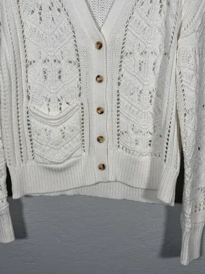 Sundance Women M White Hand Knit Cardigan Sweater 100% Cotton Cable Knit Pockets thumbnail 2