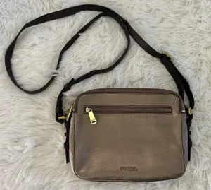 Fossil Piper Toaster‎ leather crossbody bag in a metallic taupe/bronze thumbnail 1