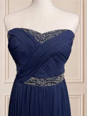 Bloomingdale’s AQUA Navy Blue Beaded Strapless Chiffon Formal Gown Dress Size 4 thumbnail 3