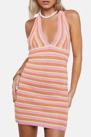 Princess Polly Crochet Tie Up Dress Pink Orange thumbnail 1