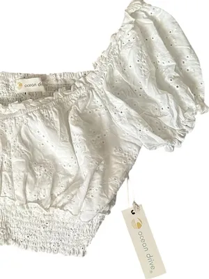 Ocean Drive white eyelet milkmaid cottagecore smocked hemline cropped boho top M thumbnail 6