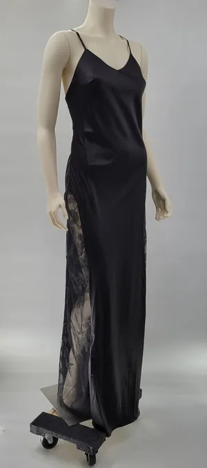 HHQ Maxi Slip Dress Size M Black Satin Lace Trim Spaghetti Strap Sexy NWT thumbnail 1