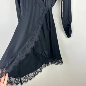Anthropologie Lace Trimmed Wrap Dress Viscose Satin Long Sleeve Black XS NWT thumbnail 11