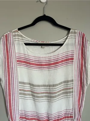 LOFT | White Striped 100% Linen Drawstring Waist Mini Dress Sz S thumbnail 3