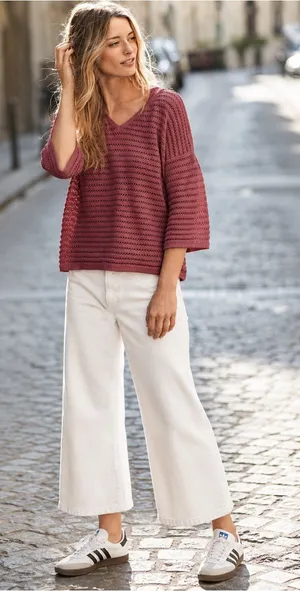 Garnet‎ Hill Organic Cotton-Linen Blend Bell-Sleeve Pointelle Sweater Size Small thumbnail 1