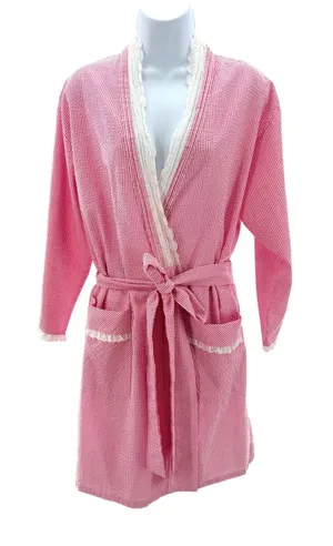 Eileen West Pink White‎ Seersucker Robe S M Stripe Cotton Blend Lace Trim Wrap thumbnail 1
