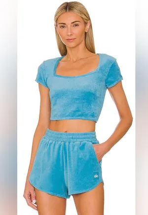 Alo NWT Terry Beachside Short Sleeve Crop Top Blue Splash Size L thumbnail 1