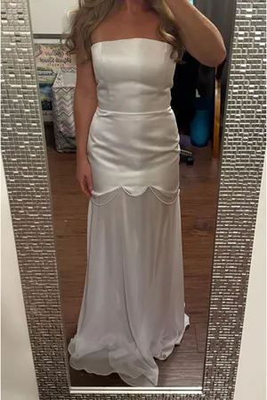 Bridal White Satin Strapless Dress with Shear Chiffon Underlay and Scarf with Pearl Beading thumbnail 3