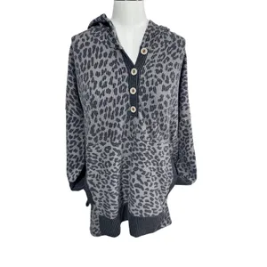 MoCo Boutique Women's S Gray Leopard Hoodie Sweatshirt Button Front Ribbed Trim‎ thumbnail 3