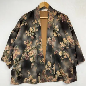 Solitaire S Brown Faux Suede Floral Open Front Jacket Kimono Retro Boho‎ Funky thumbnail 1