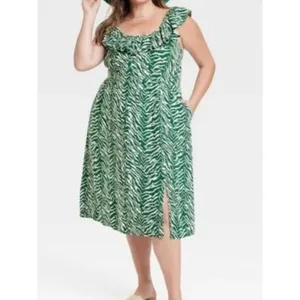 NWT Ava Viv Green Zebra Print Midi Dress Smocked Bodice‎ Ruffle 1X thumbnail 7