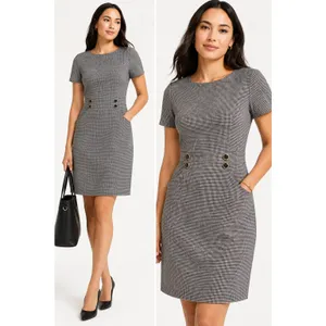 Ann Taylor NWT Houndstooth Sheath Dress Short Sleeve Button Detail Black White 6 thumbnail 2