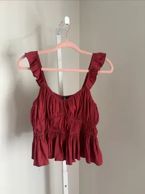 Lulu’s Burgundy Ruffle Peplum Crop Top Women’s Size Large Boho Tank Flowy Silky thumbnail 2