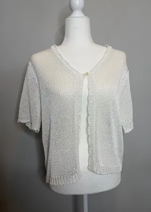 Vintage Sag Harbor Open Knit Cardigan Womens M White Short Sleeve Sheer Y2K thumbnail 1