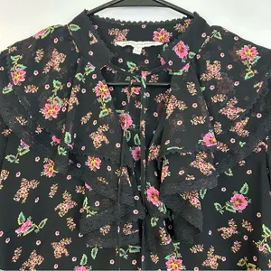 Rebecca Minkoff Devy Black/Pink Floral Ruffle Bell Sleeve Blouse Size Small thumbnail 6