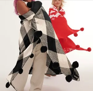 Victoria’s Secret VS pink black and white Pom Pom marshmallow knit blanket thumbnail 1