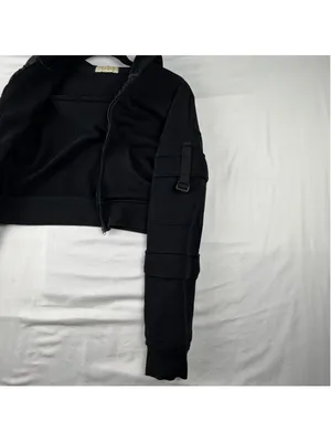 Qinsen Cropped Zip Up Hoodie XS Black Cargo Sleeve Utility Jacket Y2K Streetwear thumbnail 7