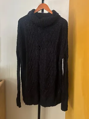 Free People Distressed Cable Knit Turtleneck Sweater Oversized Cowl Black Small‎ thumbnail 5