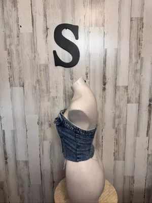 SHEIN Denim Corset Bustier Tube Top Womens Small Medium Wash Button Down Straple thumbnail 6