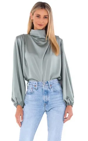 Line & Dot Satin Mock Neck Blouson Top - Sage Green thumbnail 1