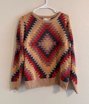 Cotton & Rye Crewneck Sweater in Tan with Red & Navy Geo Pattern thumbnail 1