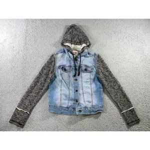 Denim Hoodie Jacket Women M Blue Gray Mixed‎ Media Grunge Street Indie Outerwear thumbnail 2