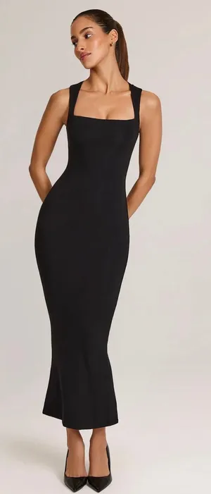 Oh Polly Ainslee Modal Square-Neck Bodycon Midi Dress in Black Size 6 thumbnail 1