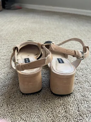 Zara Leather Slingback Block Heel Pump Strappy Beige Black Designer Size 6.5 thumbnail 5