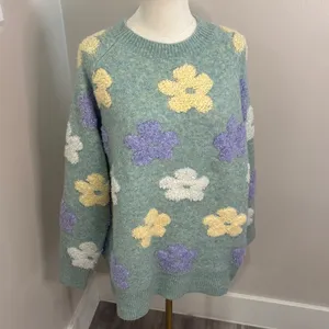 Adora Floral Knit Sweater Sage Green Purple Yellow 3D Flower Pullover L thumbnail 2