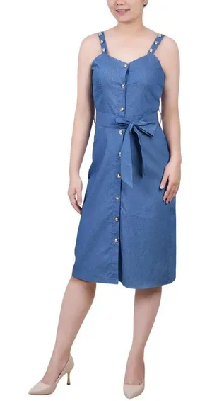 NWT Ny Collection Womens Petites Cotton Knee-Length Shirtdress Denim Blue PL thumbnail 1